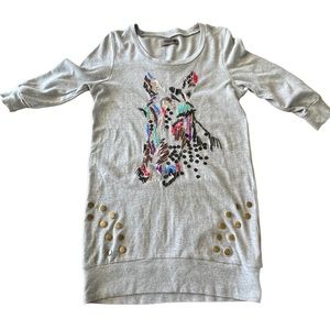 Rare Danish Numph Heathered Gray Beaded Horse Sweatshirt Dress Womens Size M